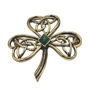 Celtic Knot Shamrock Soldor  Brooch Pin Gold Tone Green Statement Jewelry